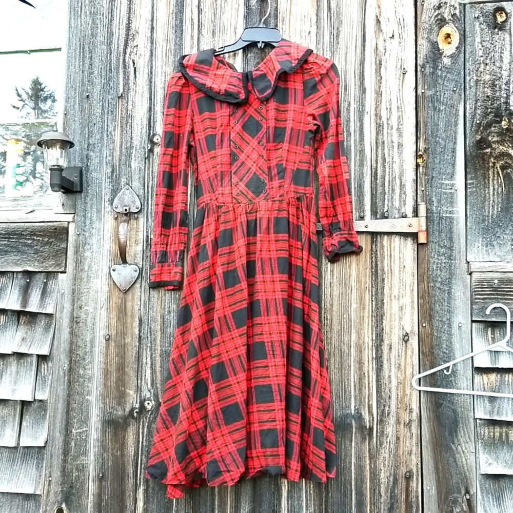 Vintage Brenda Hollon Long Full Skirt Prairie Maxi dress  Cowgirl Holiday Plaid